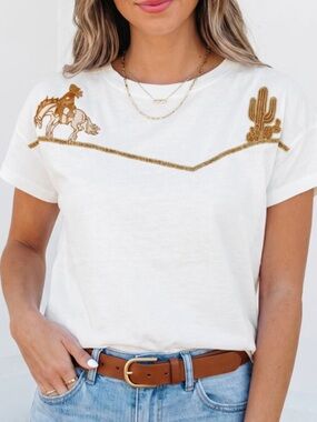 1243. White Western Cowgirl Embroidered Short Sleeve T-Shirt